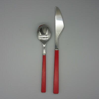 #ad Vintage Flatware Spoon Knife Stainless Red Handle Japan $3.99