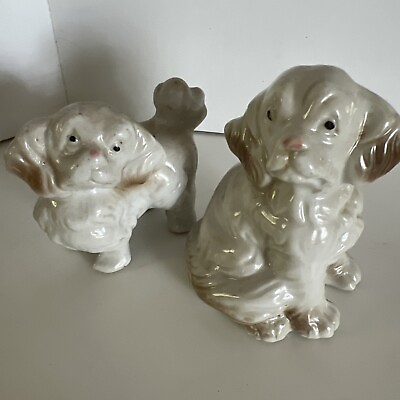 #ad Pair Ceramic Tiny Dogs White Vintage 60’s Japan Long Hair Spanials $9.99