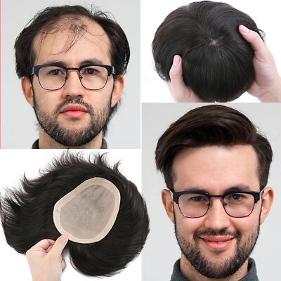 #ad HOT Mens Toupee 100% Remy Human Hairpiece PU Thin Skin Hair System for Loss Hair $139.86
