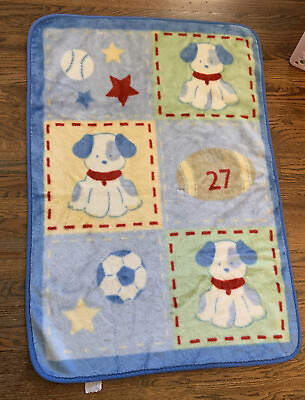 #ad Vintage Blue Puppy Baby Blanket Soft Plush Luxe Bunny Bear Minky Mink Football $54.00