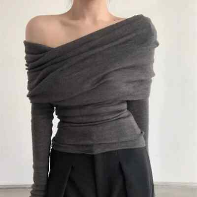 #ad Knitted Sweater Women Elegant Off Shoulder Female Jumper Fashion Sexy Pullover $34.68