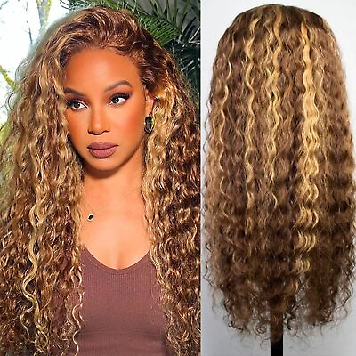 #ad 5 27 Ombre Highlight Deep Wave Wigs Remy Human Hair Free Part HD Lace Front Wig $238.99