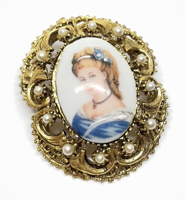 #ad Vintage Limoges Porcelain Cameo Blonde Lady Brooch converted to Necklace pendant $16.00