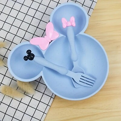 #ad Mickey Minnie Mouse Bowl With Spoon And Fork Ears Blue Disney Mouse Ear Shape $12.15