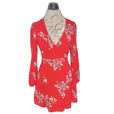 #ad Fashion Nova Dress Floral Long Sleeve Red Date Night Size Small Wedding Guest $20.15
