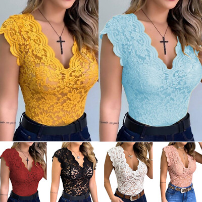 #ad Womens V Neck Lace Sexy Tank Tops Ladies Slim Fit Stretch Vest Shirt Size 6 16` $9.19