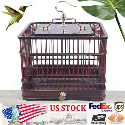 #ad Asian Bird Cage Square Solid Wood Carved Chinese Bamboo Pet Nest Home W Drawer $38.54