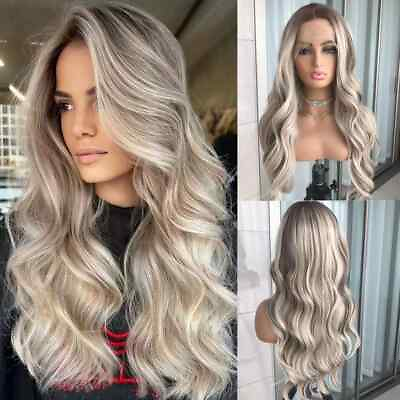 #ad Long Wavy Lace Front Synthetic Wig Highlight Blonde Glueless Lace Wig Preplucked $56.53