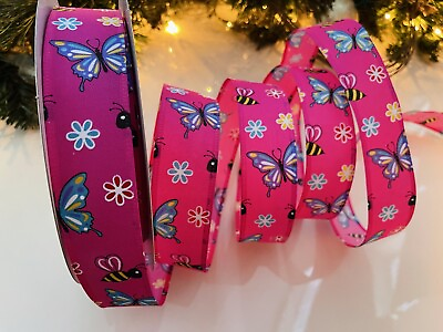 #ad 1.5” Butterflies amp; Bumble Bees Pink Wired Ribbon Sold By The Yard $4.25