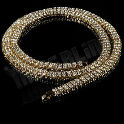 #ad 14K Yellow Gold Plated 2 Row Flooded Iced Lab CZ Hip Hop Tennis Chain Necklace $14.99