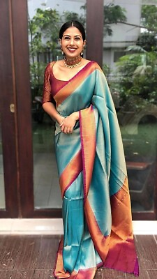 #ad Women#x27;s Kanjivaram Soft Lichi Silk Saree With Unsticthed Blouse Piece $25.19
