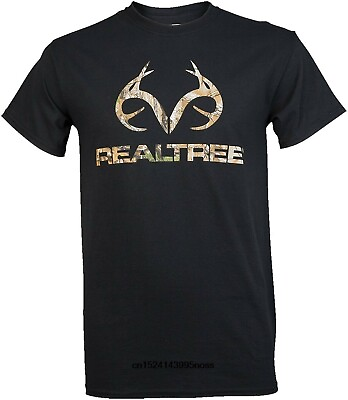 #ad Realtree Men#x27;s Short Sleeve 100% Cotton Tee Shirt Black w Camo Logo Choose Size $11.99