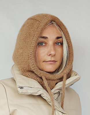 #ad Beige Knitted Women Alpaca Hood Hooded Scarf Woman Balaclava $65.00