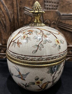 #ad Vintage Gorgeous Porcelain Hand Painted Metal Accent Egg Trinket Box $65.00