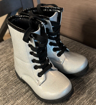 #ad Girls Silver Glitter Fashion Combat Boots 7 $22.99
