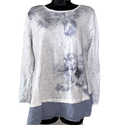 #ad Logo by Lori Goldstein Women Sz S White Blue Embellished Sweater Tunic Lace Hem $17.00