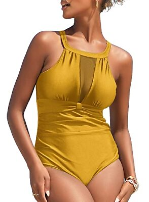 #ad I2CRAZY Womens High Neck One Piece Bathing Suit V Neck Mesh Ruched Swimsuits $7.99