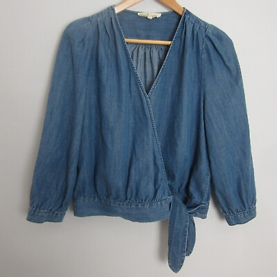 #ad Madewell Womens Medium Blue Denim 3 4 Sleeve Wrap Top Shirt Blouse Cotton Blend $23.79