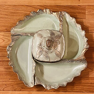 #ad Calif Orig 590 Relish Tray Covered Dish Mint Green Gold California Pottery RARE $29.99