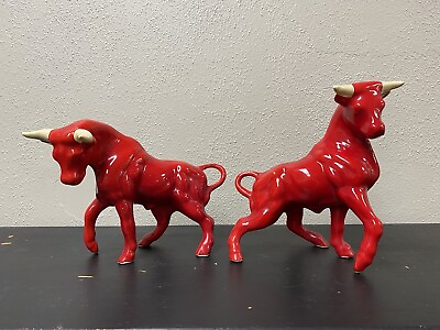 #ad Vtg 1960s MCM Red Ceramic Fighting Bulls Figure 9” Masculine Stock Market Decor $20.00