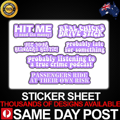 #ad FUNNY CAR PURPLE Vinyl Sticker Sheet Car Decal Cheap Cute Cool Bad Driving Quote AU $12.95