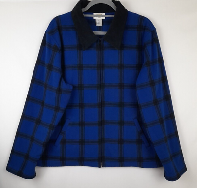 #ad Talbots Size XL Fleece Blue Black Plaid Zip Front Long Sleeve Jacket w Pockets $28.00