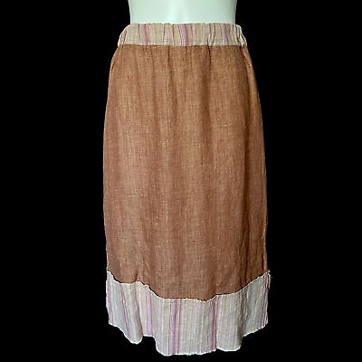 #ad Hannah M Linen Contrast Skirt Brown Hem Is Stripped Fabric Size M NWT $35.34