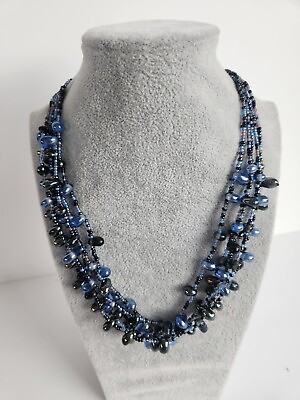 #ad Y2K Vtg Multistrand Blue Glass Briolette Seed Bead Necklace Irridescent Teardrop $27.95