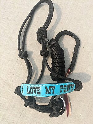 #ad Pony Rope Halter and Lead Rope quot;I LOVE MY PONYquot; Noseband Turquoise Leather $34.88