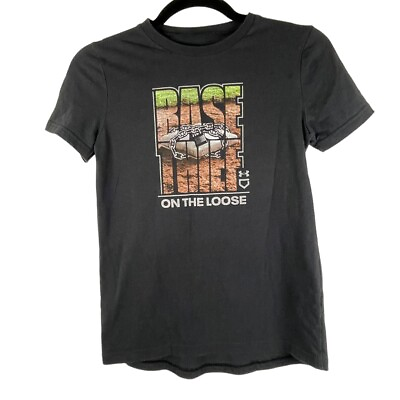 #ad Under Armour Boys Shirt Size Youth Medium Baseball Themed Black T Shirt Loose $8.99