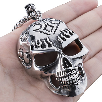 #ad Men#x27;s Large Size Silver Skull Stainless Steel Biker Pendant Necklace Chain Set $14.99