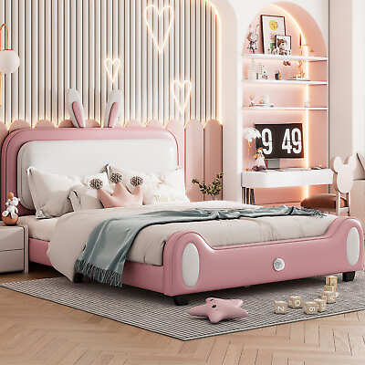 #ad Twin Full Size Platform Bed Upholstered Princess Bed with Rabbit Shape Headboard $249.89