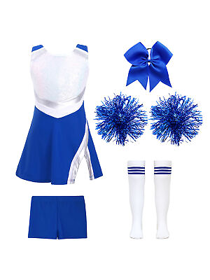 #ad US Kids Girls Cheerleading Outfits Uniforms With Pom Poms Headwear Dance Outfit $18.77