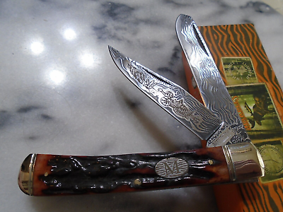 #ad Marbles Southwest Rattler 2 Blade Trapper Pocket Knife Stag Bone Damascus Etch $23.75