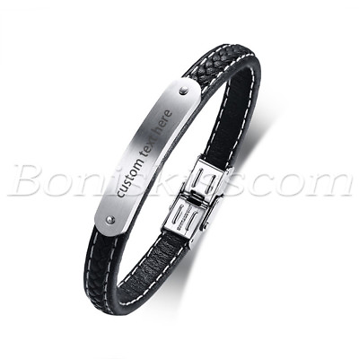 #ad Personalized Men#x27;s Briaded Leather Stainless Steel Custom Bangle Bracelet Cuff $12.34