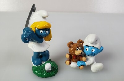 #ad VTG 2x Schleich Peyo Smurf Figure 1985 Golf SMURFETT amp; Teddy Bear GIFT LOOK $9.99