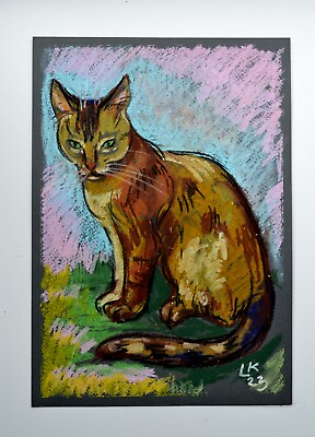 #ad Cat Original painting pet kitten animal oil pastel Hand painted 12x8quot; $246.96