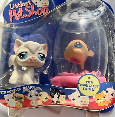 #ad LPS Hasbro 2004 Littlest Pet Shop Pet Pairs White Cat #9 Fish #10 Fish Bowl NIB $44.95