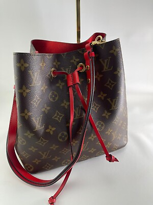 #ad Louis Vuitton Neo Noe Monogram Canvas Red Leather Drawstring Shoulder Bag $2000.00