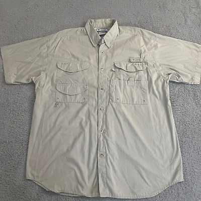 #ad Columbia PFG Shirt Mens Large Beige Vented Fishing Short Sleeve Cotton Blend $20.00