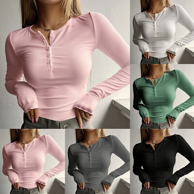 #ad Women#x27;s Basic Long Sleeve Top Slim Fit Stretchy Crew Neck T Shirt Plain Cotton 、 GBP 11.47