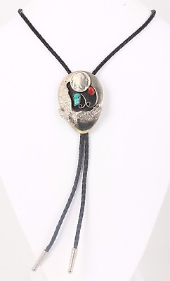 #ad SILVER TURQUOISE RED STONES INDIAN NICKEL HEAD EAGLE BOLO TIE FINE 5015B $150.00