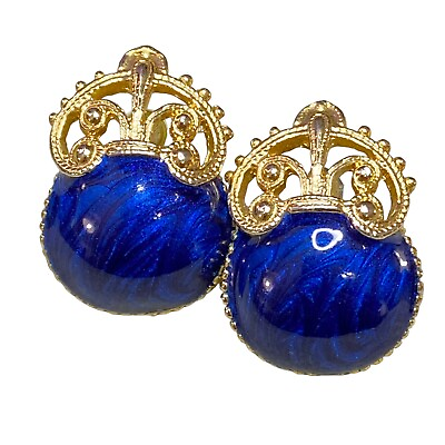 #ad Vintage Earrings Pierced Post Blue Enamel Swirl Goldtone 1 1 8quot; $9.99