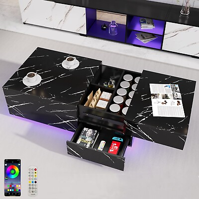 #ad LED Black Coffee Table Modern Rectangle Center Table Large Storage Drawers $189.99