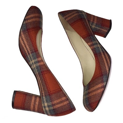 #ad Bettye Muller Tartan Wool Plaid Colette Block Heel Round Toe Leather sole Pump $76.50