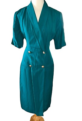 #ad Stuart Alan Womens Dress 16 Vintage 80s Sheath Button Emerald Green Fancy Dress $16.00