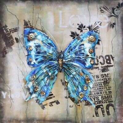 #ad Blue Butterfly Mixed Media 3D Painting Metal amp; Wood Hanging Wall Art Decor $124.50