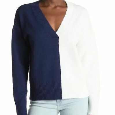 #ad Sweet Romeo Women V Neck Colorblock Ribbed Blue White Knit Pullover Sweater L S $18.20