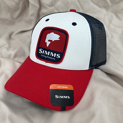 #ad Simms Fishing Snapback Hat Red White amp; Blue Trucker Cap Mesh Bass Patch Logo $26.34