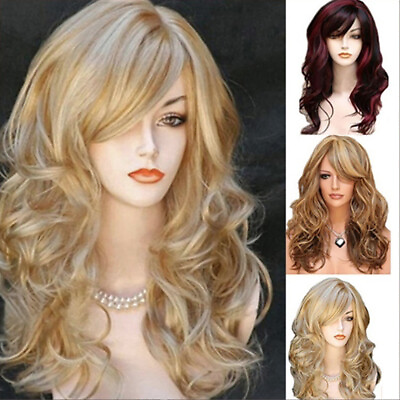 #ad Long Curly Hair Wig Heat Resistant Synthetic Hair Blonde with Highlights Wigs $11.80